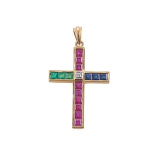 18k Gold Diamond Emerald Ruby Sapphire Cross Pendant