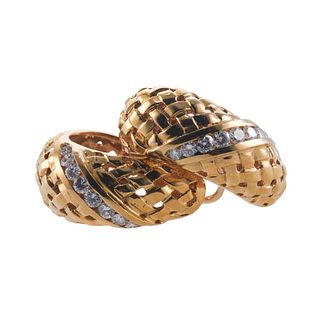 1980s 18k Gold Diamond Basketweave Hoop Earrings