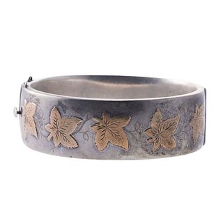 Antique English Silver Gold Leaf Bangle Bracelet