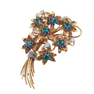 1960s Gold Emerald Diamond Sapphire Flower Brooch 