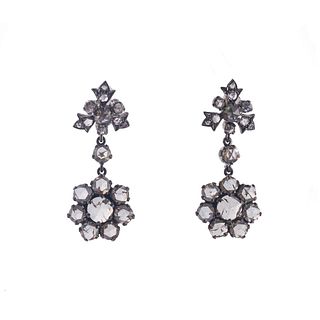 Antique Silver Rose Cut Diamond Drop Earrings