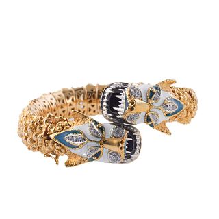 Leopard Head Diamond Enamel 18k Yellow Gold Bracelet 