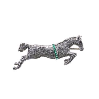 Art Deco Platinum Diamond Emerald Ruby Horse Brooch