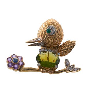 18k Gold Peridot Diamond Sapphire Emerald Bird Brooch 