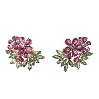 18k Gold Pink Tourmaline Peridot Diamond Cocktail Earrings