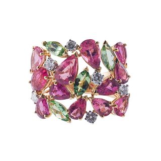 18k Gold Pink Tourmaline Peridot Diamond Cocktail Ring