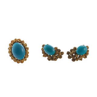 1960s Turquoise 14k Gold Earrings Ring Set