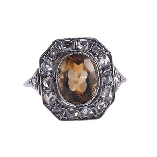 Art Deco Citrine Rose Cut Diamond Gold Ring