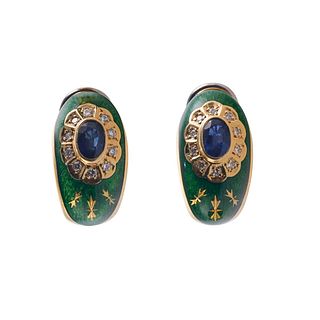 Faberge 18k Gold Sapphire Diamond Enamel Hoop Earrings