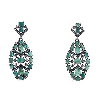 Bavna Silver Diamond Emerald Drop Earrings