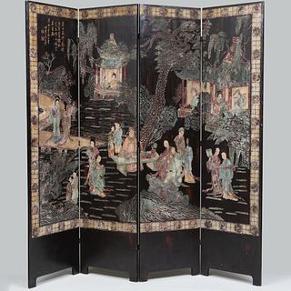 Chinese Brown and Polychrome Lacquer Coromandel Four Panel Screen 