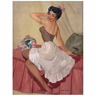 MARIO CHÁVEZ MARIÓN, Mujer con ahorros o Rompiendo el Cochinito, ca. 1940, Firmado, Óleo sobre tela, 80 x 60 cm
