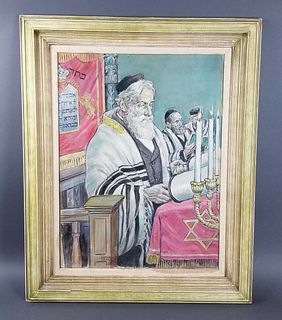 Framed Oil on Canvas "Rabbi in Synagogue Reading the