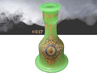 Iran, Persian Green Opaline Glass With Enameling Hookah Vase
