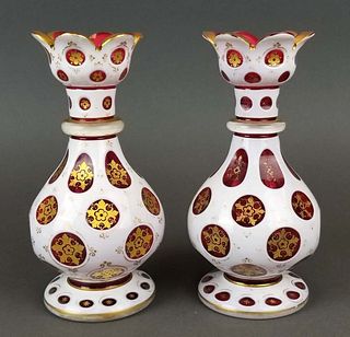 Pair of 19th C. Bohemian Diamond Cut Vases