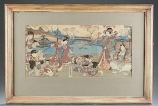 2 Japanese Triptych woodblock prints, Kunisada.