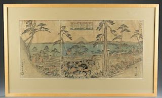 Japanese Triptych woodblock print, Hiroshige.