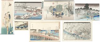 7 Japanese woodblock prints, Hiroshige related.