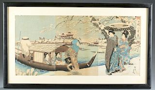 2 Japanese Triptych woodblock, Toyohara Chikanobu.