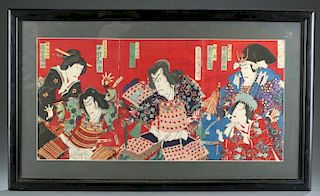 Japanese Triptych woodblock print, Kunichika.