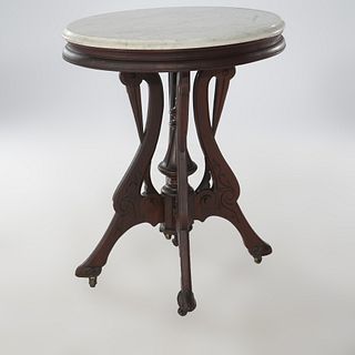 Antique Victorian Figural  Goose Neck Walnut & Marble Parlor Table, c1890