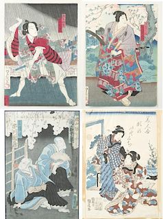 4 Japanese woodblock prints, Utagawa school.