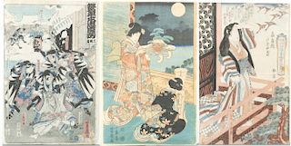 3 Japanese woodblock prints, Utagawa school.