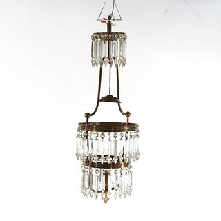 Antique Gilt Brass, Metal & Glass Hanging Gas Hall Fixture, Electrified, c1890