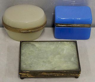 Lot of 2 Glass and 1 Jade & Gilt Metal Boxes.