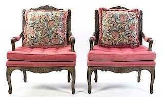 A Pair of Louis XV Style Fauteuils, Height 33 inches.