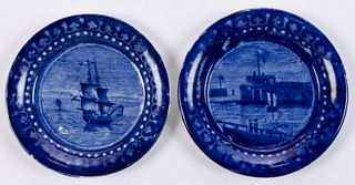 STAFFORDSHIRE AMERICAN VIEW / NAUTICAL MOTIF TRANSFER-PRINTED CERAMIC CUP PLATES, LOT OF TWO