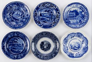 STAFFORDSHIRE TRANSFER-PRINTED CERAMIC CUP PLATES, LOT OF SIX