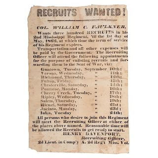 Confederate Recruitment Broadside for Colonel William C. Faulkner's 2nd Mississippi Regiment