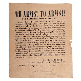 Early Confederate, North Carolina Recruitment Broadside, To Arms! Our Fatherland is in Danger!