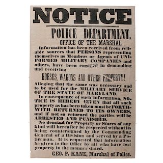 Rare 1861 Notice Issued to the Baltimore Police Department by Police Marshal George P. Kane