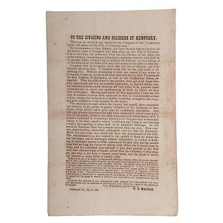 Confederate Broadside Issued to Citizens and Soldiers of Kentucky by W.B. Machen, January 1864