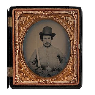 Civil War Sixth Plate Ambrotype of Armed Confederate with CS Belt Buckle