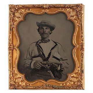 Civil War Sixth Plate Ambrotype of A.J. Waters, 4th MS Cavalry, Holding a Whitney Percussion Revolver and Colt M1851 Navy