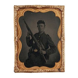 Quarter Plate Tintype of a Union Soldier Armed with Musket