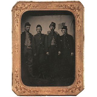Quarter Plate Tintype of Officers from the 124th New York Infantry Smoking Pipes, One Identified