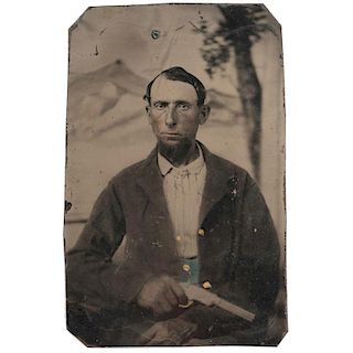 Tintype of Man Armed with Volcanic Pistol