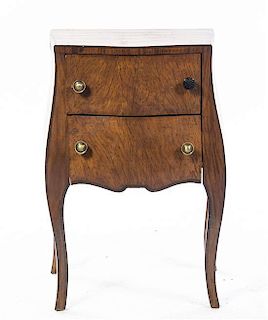 A Continental Walnut Burlwood Commode, Height 28 1/4 x width 19 x depth 11 3/4 inches.