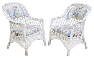 (2) WHITE PAINTED WICKER ARMCHAIRS