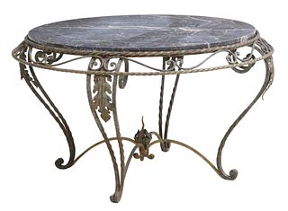 FRENCH MARBLE-TOP METAL ROUND COFFEE TABLE