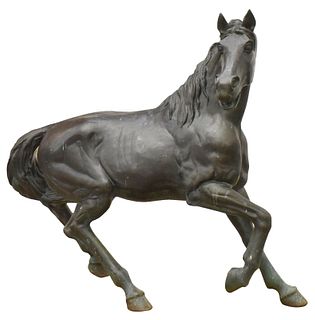 LARGE PATINATED BRONZE STANDING HORSE 56.5"H, 70"L