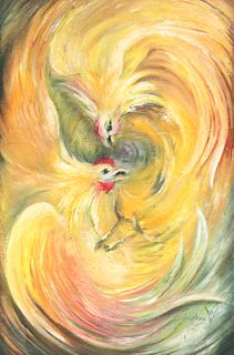 SIGNED SALVADORE OIL ON PANEL PAINTING ROOSTERS