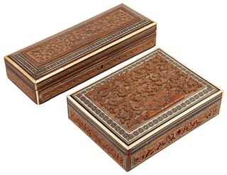 (2) CARVED WOOD & INLAID ANIMAL MOTIF BOXES, INDIA