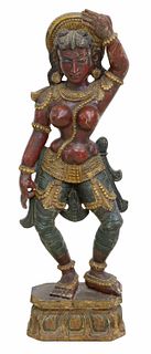 CARVED & PAINTED WOOD SCULPTURE OF A DEITY, INDIA