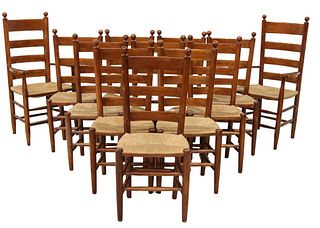 12) PROVINCIAL LADDER BACK RUSH SEAT DINING CHAIRS