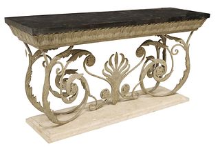 LARGE TESSELLATED MARBLE WROUGHT IRON CONSOLE